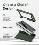 Galaxy Z Flip 5 Case | Slim Color - Exploded view of a Galaxy Z Flip 5 phone between two dark green protective case pieces.