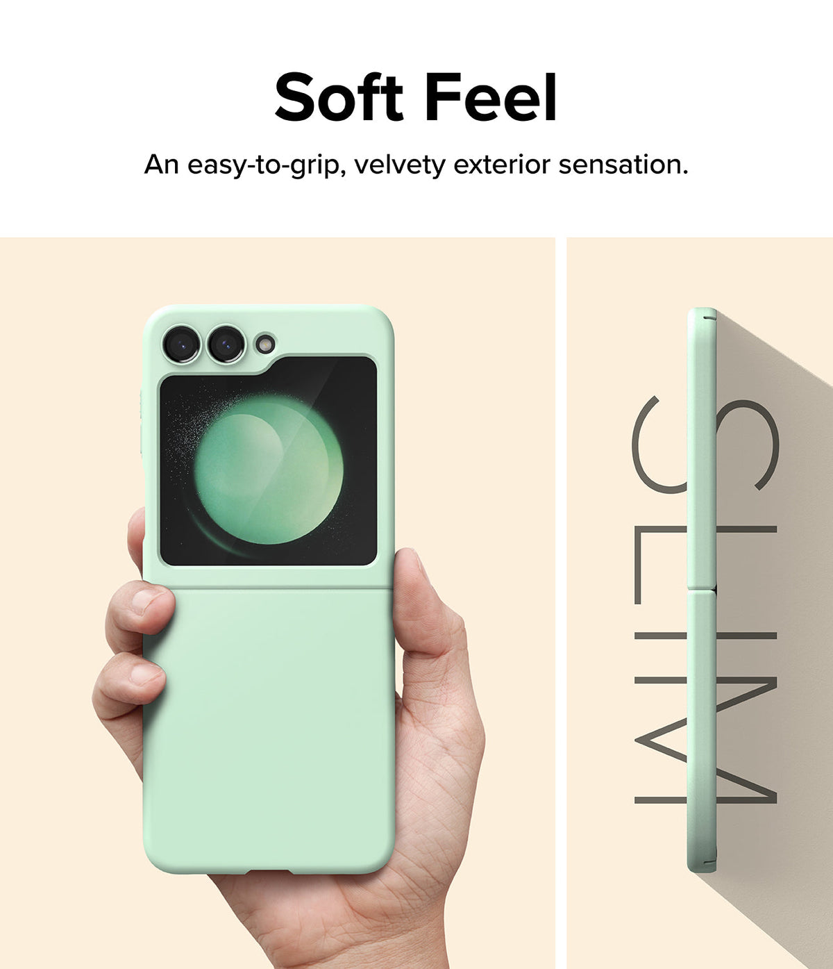 Galaxy Z Flip 5 Case | Slim Color - Hand holding a mint green phone case with a side profile view showing slim design.
