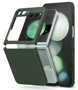 Galaxy Z Flip 5 Case | Slim Color - Dark green slim protective case pieces hovering over a Galaxy Z Flip 5 phone.