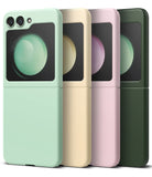 Galaxy Z Flip 5 Case | Slim Color - Four Galaxy Z Flip 5 phones in mint, cream, pink, and dark green cases lined up side by side.