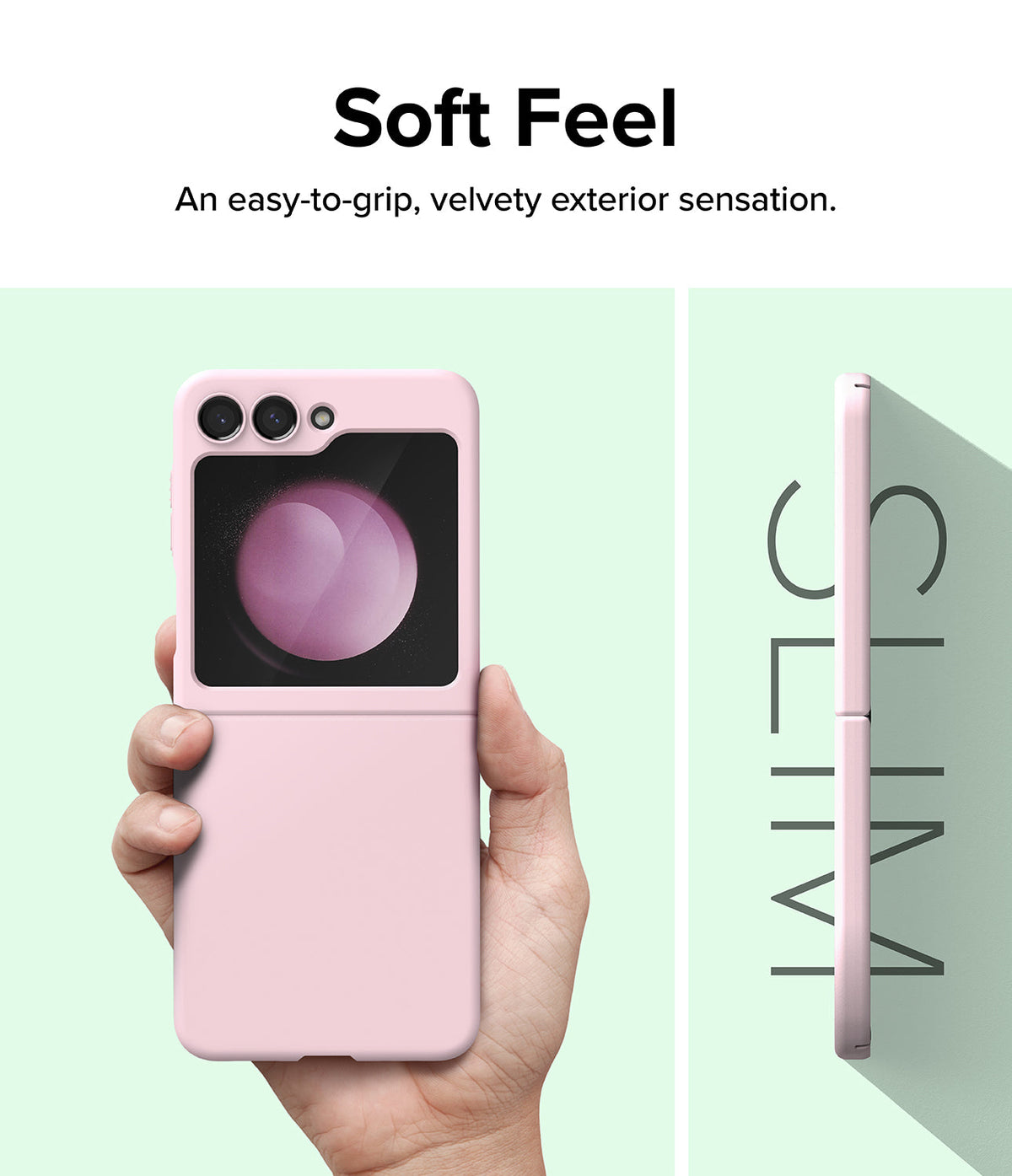 Galaxy Z Flip 5 Case | Slim Color - Hand holding a pink Galaxy Z Flip 5 case with a soft matte finish and slim profile.