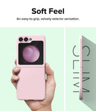 Galaxy Z Flip 5 Case | Slim Color - Hand holding a pink Galaxy Z Flip 5 case with a soft matte finish and slim profile.