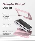 Galaxy Z Flip 5 Case | Slim Color - Exploded view of a pink phone case surrounding a folded Galaxy Z Flip 5.