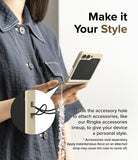 Galaxy Z Flip 5 Case | Slim Color - Person holding a beige phone case with a beaded strap attached to the accessory hole.