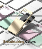 Galaxy Z Flip 5 Case | Slim Color - A cream-colored case hovering over a Galaxy Z Flip 5 surrounded by pastel-colored cases.