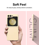 Galaxy Z Flip 5 Case | Slim Color - A hand holds a cream-colored phone case, with a side profile view showing its slim design.
