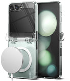 Galaxy Z Flip 5 Case | Slim Hinge Magnetic - Clear phone case on a Galaxy Z Flip 5 with a magnetic charging puck attached.