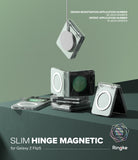 Galaxy Z Flip 5 Case | Slim Hinge Magnetic - Clear magnetic cases for Galaxy Z Flip 5 stacked and suspended on green.