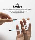 Galaxy Z Flip 5 Case | Slim Hinge Magnetic - Hands peeling blue film off adhesive strips on a clear phone case.