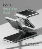 Galaxy Z Flip 5 Case | Slim Hinge Magnetic - Three Galaxy Z Flip 5 phones in clear cases stacked at angles.
