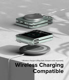 Galaxy Z Flip 5 Case | Slim Hinge Magnetic - Folded phone in clear case charging on wireless pads with magnetic attachment.