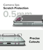 Galaxy Z Flip 5 Case | Slim Hinge - Clear - Close-up of clear phone case showing 0.5mm camera lip protection and precise port cutouts.