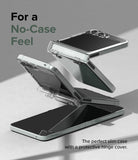 Galaxy Z Flip 5 Case | Slim Hinge - Clear - A clear, slim protective case on a Galaxy Z Flip 5 shown in a Z-fold position.