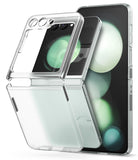Galaxy Z Flip 5 Case | Slim - Clear protective case components hovering over a Galaxy Z Flip 5 phone.