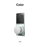 Galaxy Z Flip 5 Case | Slim Magnetic - Clear Galaxy Z Flip 5 phone in a transparent case attached to a magnetic charger.