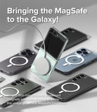 Galaxy Z Flip 5 Case | Slim Magnetic - A Galaxy Z Flip 5 with a magnetic charger attached, surrounded by phones with MagSafe rings.