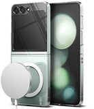 Galaxy Z Flip 5 Case | Slim Magnetic - Clear phone case on a Galaxy Z Flip 5 with a magnetic charging puck attached.