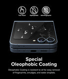 Galaxy Z Flip 7 FE | 3-in-1 Protector - Foldable phone with oleophobic screen coating showing water beads and fingerprints.
