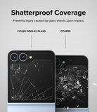Galaxy Z Flip 7 FE | 3-in-1 Protector - Comparison showing shatterproof display glass versus standard glass shattering.