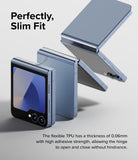 Galaxy Z Flip 7 FE | 3-in-1 Protector - Exploded view of a blue foldable phone showing a thin, flexible hinge protector.