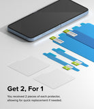 Galaxy Z Flip 7 FE | 3-in-1 Protector - Two sets of screen and hinge protectors laid out next to a folded smartphone.