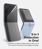 Galaxy Z Flip 6 | 3-in-1 Protector - Protective film layers being applied to the inner screen, outer display, and hinge.