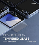 Galaxy Z Flip 6 Screen Protector | Cover Display Glass (2 Pack) - Galaxy Z Flip 6 Screen Protector - Tempered glass film being applied to the cover display of a blue Galaxy Z Flip 6.