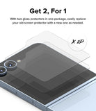 Galaxy Z Flip 7 FE Screen Protector | Cover Display Glass (2 Pack) - Two transparent glass screen protectors hovering above a foldable phone cover.
