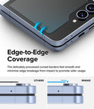 Galaxy Z Flip 7 FE Screen Protector | Cover Display Glass (2 Pack) - Glass cover with curved edges showing edge-to-edge protection compared to others.