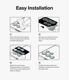Galaxy Z Flip 7 FE | Camera Lens Frame Glass (2 Pack) - Four-step infographic showing how to clean, peel, align, and install camera lens glass protectors.