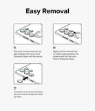 Galaxy Z Flip 7 FE | Camera Lens Frame Glass (2 Pack) - Three-step diagram showing how to use a tool to remove the camera lens tempered glass protector.