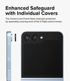 Galaxy Z Flip 7 FE | Camera Lens Frame Glass (2 Pack) - Side and back view of a phone showing individual glass covers being applied to camera lenses.