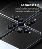 Galaxy Z Flip 7 FE | Camera Lens Frame Glass (2 Pack) - Four phone camera modules with black aluminum lens protectors installed on a sleek device surface.