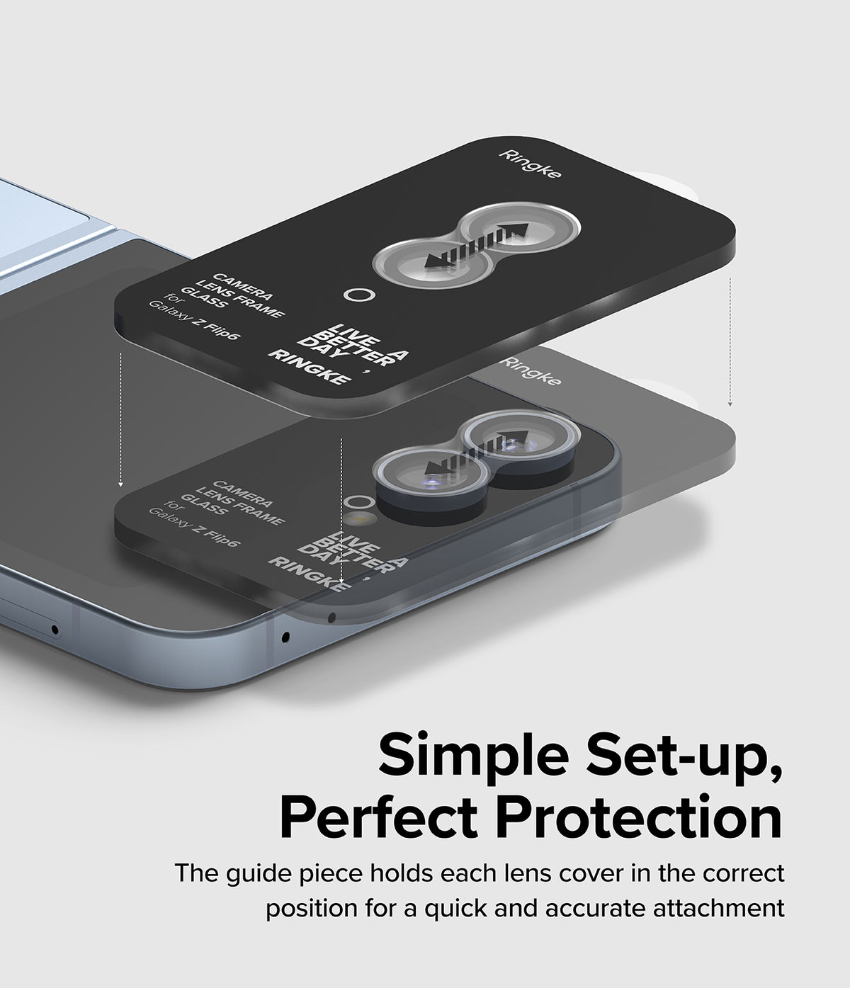 Galaxy Z Flip 7 FE | Camera Lens Frame Glass (2 Pack) - Installation guide aligning lens covers onto phone cameras.