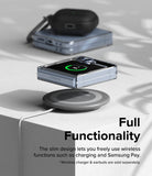 Galaxy Z Flip 7 FE Case | Fusion - Folded phone in clear case wirelessly charging on a pad with earbuds in background.