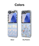 Galaxy Z Flip 7 FE Case | Fusion Design - Two Galaxy Z Flip phones with Seoul and Dry Flowers patterned cases.