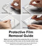 Galaxy Z Flip 6 Case | Fusion Design - Four panels showing hands peeling protective film from the interior and exterior of a clear phone case.