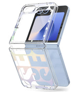 Galaxy Z Flip 7 FE Case | Fusion Design - Clear protective case with pastel graphic overlay on a light blue foldable phone.