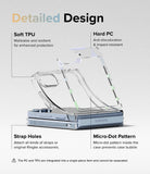 Galaxy Z Flip 7 FE Case | Fusion Design - Exploded view of a clear phone case highlighting TPU, hard PC, strap holes, and micro-dot pattern.