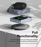 Galaxy Z Flip 7 FE Case | Fusion Design - A folded phone in a clear case wirelessly charging on a circular pad.