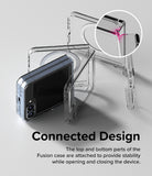 Galaxy Z Flip 7 FE Case | Fusion Magnetic - Clear phone case with a connected hinge design shown in a close-up circle.