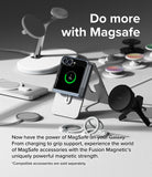 Galaxy Z Flip 7 FE Case | Fusion Magnetic - Foldable phone in a magnetic case charging on a stand with various accessories.