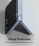 Galaxy Z Flip 7 FE / 6 / 5 / 4 Screen Protector | Hinge Dual Easy Film - Galaxy Z Flip 7 FE / 6 / 5 / 4 Screen Protector - Clear protective film being applied to the hinge of a foldable phone.