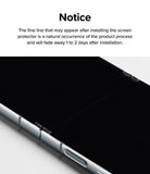 Galaxy Z Flip 7 FE / 6 / 5 / 4 Screen Protector | Hinge Dual Easy Film - Galaxy Z Flip 7 FE / 6 / 5 / 4 Screen Protector - Notice text about a temporary installation line on a phone screen.