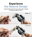 Galaxy Z Flip 7 FE Case | Slim - Digital calipers measuring the 1.3mm thickness of a slim phone case versus a credit card.