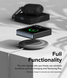 Galaxy Z Flip 7 FE Case | Slim - Folded phone in a slim black case wirelessly charging on a pad with earbuds nearby.