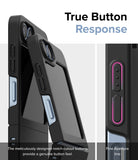 Galaxy Z Flip 7 FE Case | Slim - Close-up of black phone case buttons with notch cutouts and a highlighted fine aperture line.