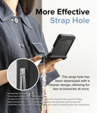 Galaxy Z Flip 7 FE Case | Slim Hinge - Person holding a black phone case with a close-up inset showing a dual-accessory strap hole.