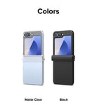 Galaxy Z Flip 7 FE Case | Slim Hinge - Two Galaxy Z Flip phones in matte clear and black cases with hinge protection.