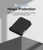 Galaxy Z Flip 7 FE Case | Slim Hinge - Black protective case on a folded phone balanced on a sharp corner edge.